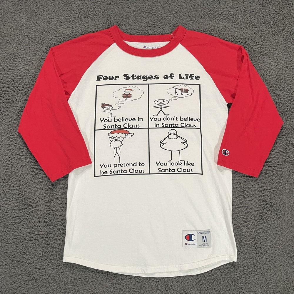 Champion Baseball T Shirt Mens Medium 3/4 Sleeves Santa Claus Graphic